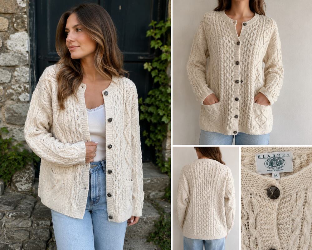 Authentic vintage Aran-style cardigan by Blarney Woollen Mills, made in Ireland.